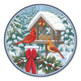 Cardinals and Christmas Bird Feeder Classic Round Sticker