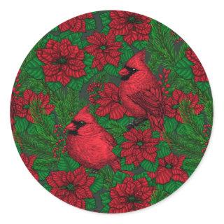 Cardinals and poinsettia for Christmas Classic Round Sticker