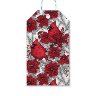 Cardinals and poinsettia in red and white gift tags