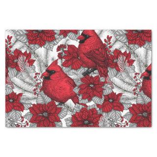 Cardinals and poinsettia in red and white tissue paper
