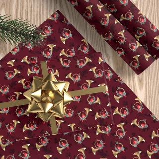 Cardinals Perched In Gold Christmas Horns Burgundy