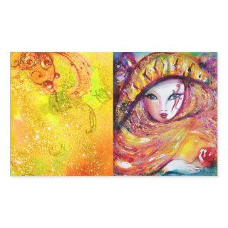CARNIVAL MASK IN GOLD YELLOW WITH RED ROSE RECTANGULAR STICKER