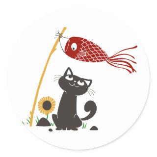 Carp streamer happy cat - Choose background color Classic Round Sticker