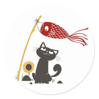 Carp streamer happy cat - Choose background color Classic Round Sticker