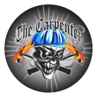 Carpenter Skull with Blue Hard Hat Classic Round Sticker