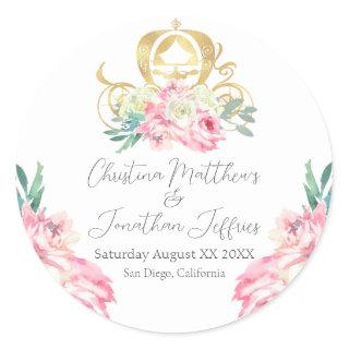 Carriage and Pink Flowers Fairy Tale Wedding Classic Round Sticker