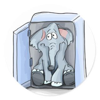 Cartoon elephant sitting inside a refrigerator classic round sticker