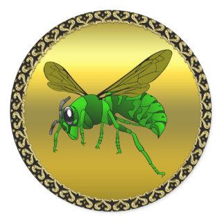 Cartoon green and lime bee with gold foil classic round sticker