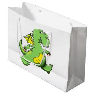 Cartoon green dragon walking on his back feet large gift bag