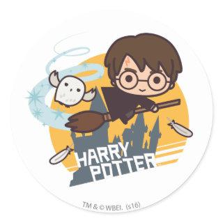 Cartoon Harry and Hedwig Flying Past Hogwarts Classic Round Sticker