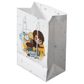 Cartoon Harry and Hedwig Flying Past Hogwarts Medium Gift Bag