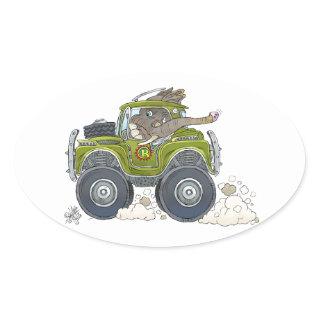 Cartoon illustration of a Elephant driving a jeep. Oval Sticker