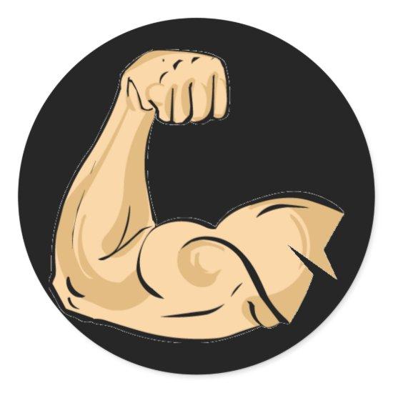 CARTOON MUSCLES MAN strong arm biceps athletic pow Classic Round Sticker