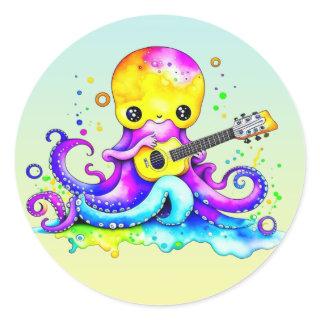 Cartoon Octopus Playing the Guitar Classic Round Sticker