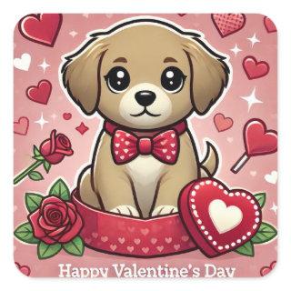 Cartoon Puppy with Valentine's Day Hearts Square Sticker
