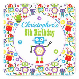 Cartoon Robot Theme Birthday Party Square Sticker