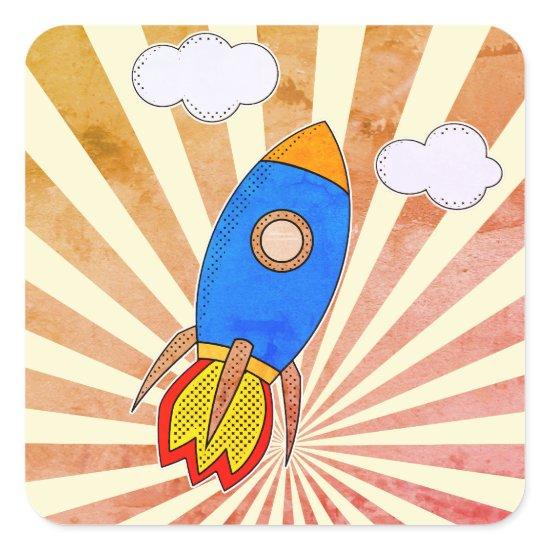 Cartoon Rocket Retro Sunset Square Sticker