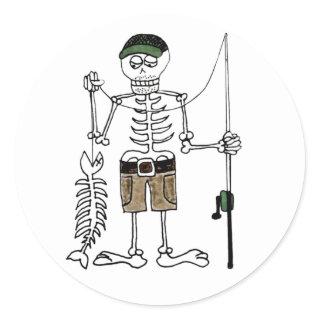 Cartoon Skeleton Fisherman with a Skeleton Fish Classic Round Sticker