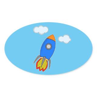 Cartoon Space Rocket In Blue Sky Oval Sticker