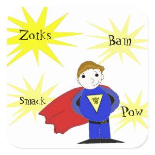 Cartoon Super Hero with Action Words Square Sticker