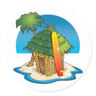 Cartoon Tiki Hut with Surfboard and Palm Classic Round Sticker