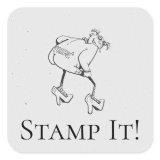 Cartoon Tramp Stamp! Funny Black, White Square Sticker