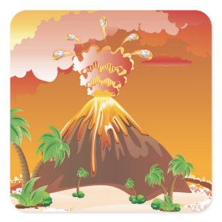 Cartoon Volcano Eruption Square Sticker