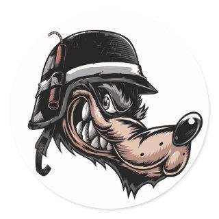 Cartoon wolf with a dynamite on his German helmet Classic Round Sticker