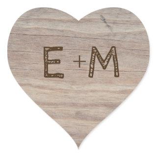 Carved Wooden Heart Rustic Initials Wedding Heart Sticker