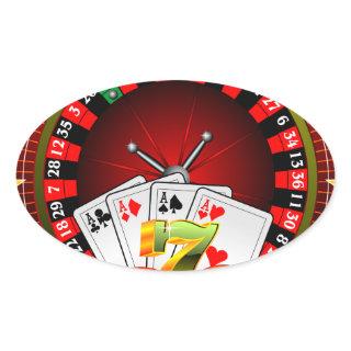 Casino illustration with roulette wheel and dices oval sticker