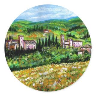 CASTLES IN CHIANTI LANDSCAPE ,YELLOW FLOWER FIELDS CLASSIC ROUND STICKER