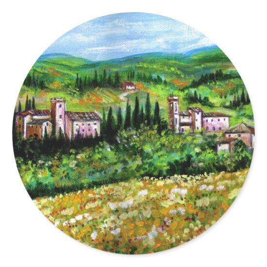CASTLES IN CHIANTI LANDSCAPE ,YELLOW FLOWER FIELDS CLASSIC ROUND STICKER
