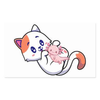 Cat and Axolotl Kawaii Neko Anime Rectangular Sticker