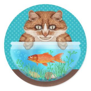 Cat and Goldfish Bowl Funny Hungry Grinning Kitty Classic Round Sticker
