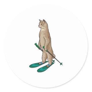 Cat as Skier with Ski & Ski poles Classic Round Sticker