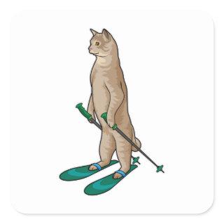 Cat as Skier with Ski & Ski poles Square Sticker