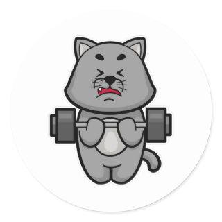Cat at Biceps training with Barbell Classic Round Sticker