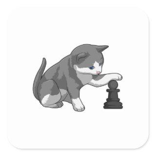 Cat at Chess with Chess piece Bishop Square Sticker