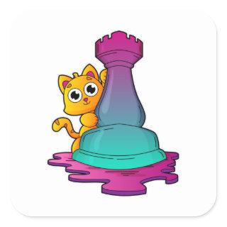 Cat at Chess with Chess piece Rook Square Sticker