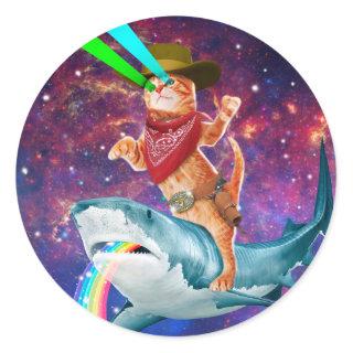 Cat Cowboy riding a Shark spewing a Rainbow Classic Round Sticker