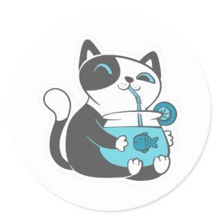 Cat drinks from straw - Choose background color Classic Round Sticker