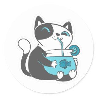 Cat drinks from straw - Choose background color Classic Round Sticker