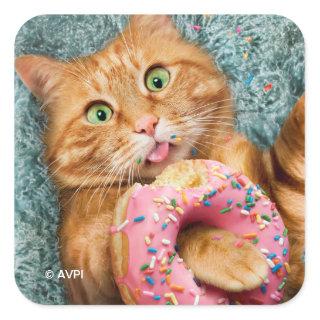 Cat Eating Donut Square Sticker