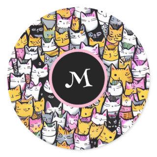 Cat faces doodle pattern feline pets monogram fun classic round sticker