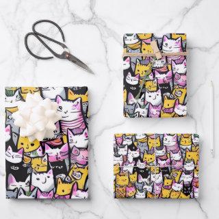 Cat faces doodle print collage fun pattern  sheets