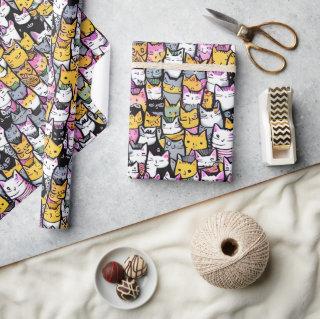 Cat faces doodle print collage kitties pattern