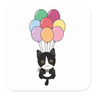 Cat Flies Up With Colorful Balloons Square Sticker