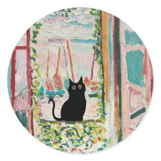 Cat Floral, Matisse Famous Open Window Black Cat Classic Round Sticker