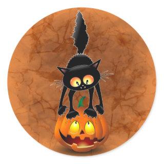 Cat Halloween Scared Cartoon Character standing on Classic Round Sticker