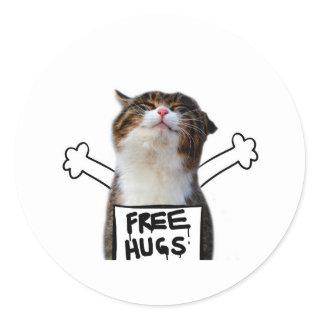 Cat Holding Free Hugs Sign Classic Round Sticker